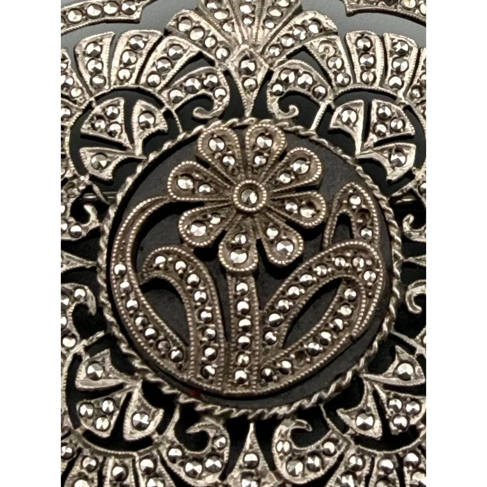 Vintage Art Deco Brooch Sterling Silver Floral Marcasite Black Onyx Center READ